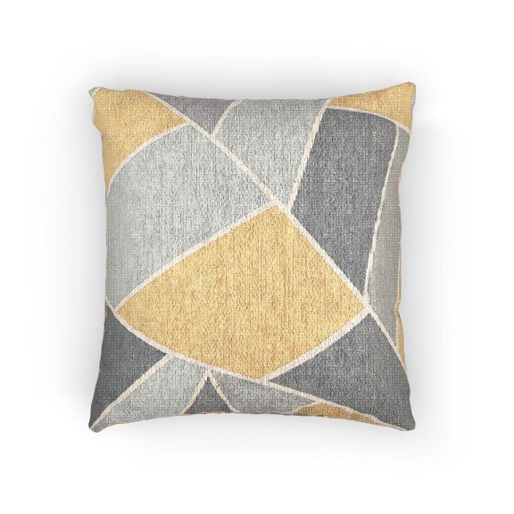 Mustard Yellow and Gray Geometric Polygon Decorative Woven Pillow, Cotton-Polyester Shell