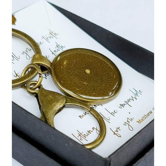 Mustard seed keychain,large 25mm hand made bronze bezel, gift wrapped with scripture card