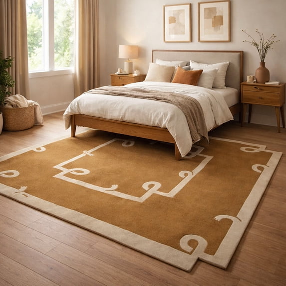 Geometric Mustard Wool Rug 8x13 – Tufted Rectangle Area Carpet | Bedroom, Living Room, Kids Room Floor Accent Rug