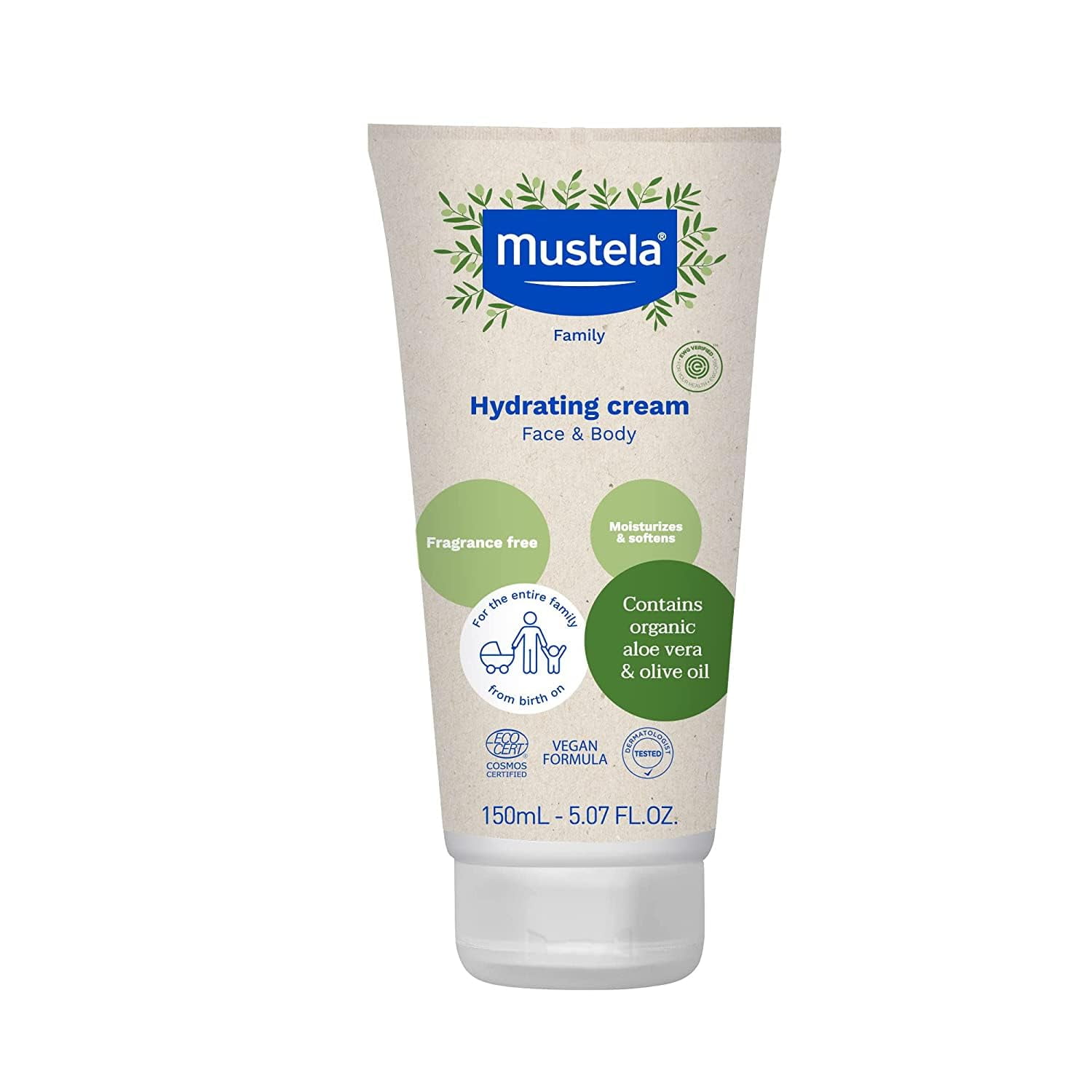 Mustela Certified Organic Hydrating Cream Natural Body Lotion w/ Olive Oil, Aloe Vera