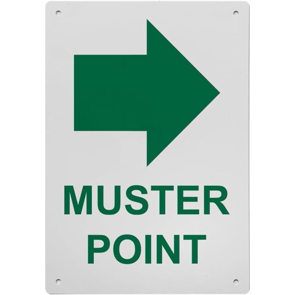Muster Point [with Right Arrow] - OSHA Compliant Rescue Refuge Area Sign Weatherproof Plastic resistanta Easy-to-Read Signage Directional Muster Point Workplaces Schools Indoor Use 8X12 Inch