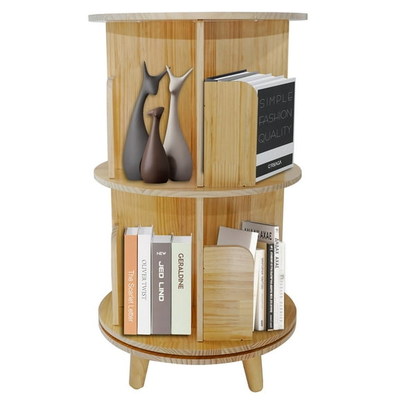 Mustrod 2 Tier Rotating Bookshelf Solid Wood 360 Spinning Bookshelf Revolving Bookcase Freestanding Book Display Storage Shelf