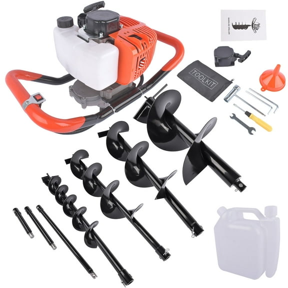 Mustrod 63CC Gas Powered Post Hole Digger Earth Auger Borer Ground Drill with 4 Auger Drill Bits 4" 6" 8" 12" +3 Extension Rods