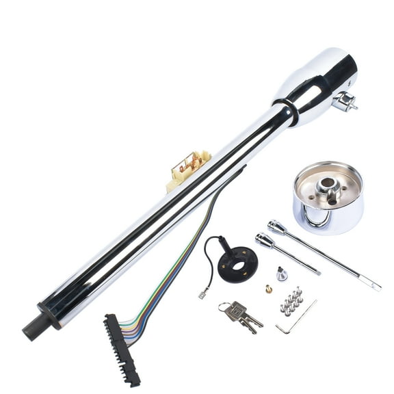 Mustrod Chrome 32 Inches GM Tilt Manual Floor Shift Steering Column With Key & 9 Hole Wheel Adpater