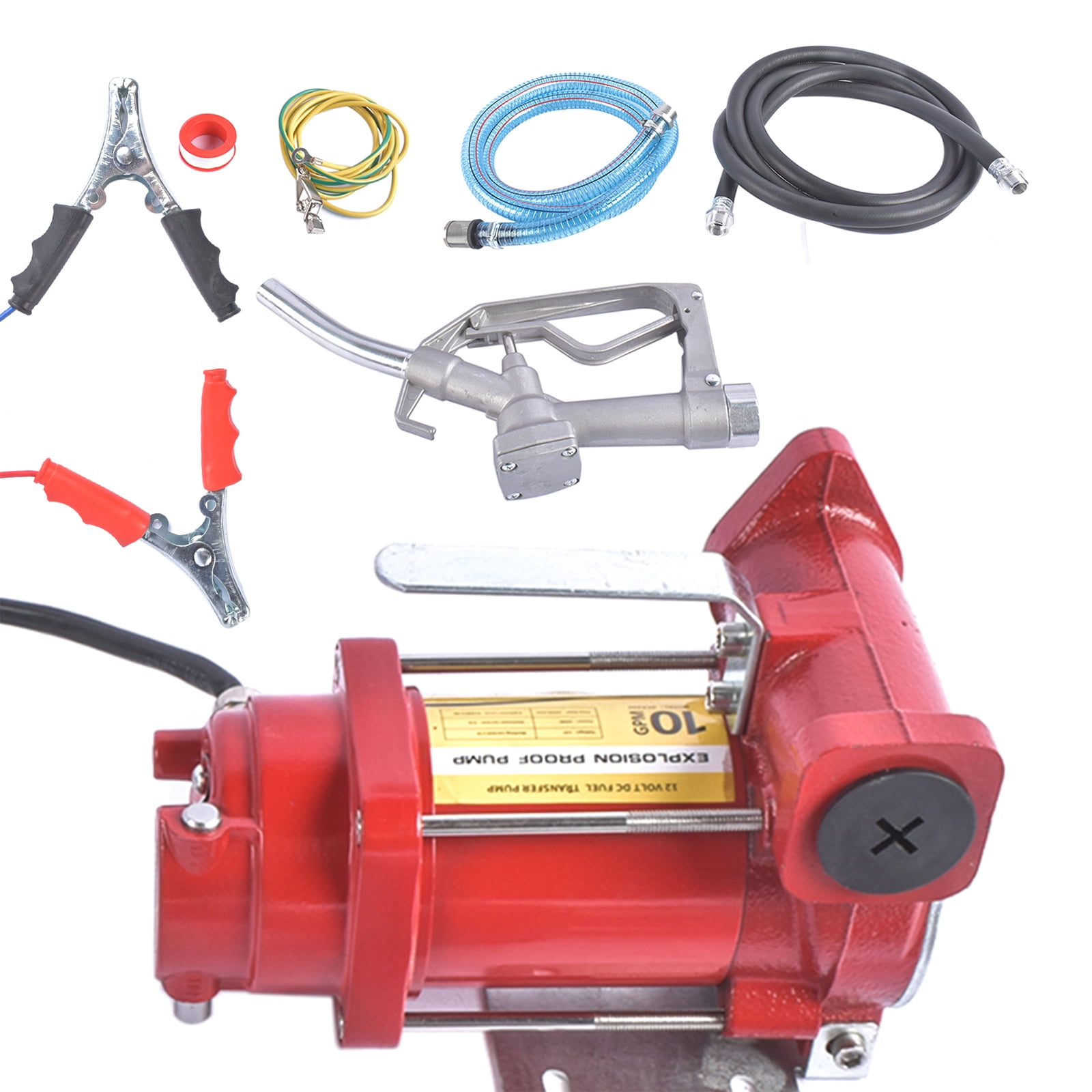 Mustrod Heavy Duty Red Fuel Transfer Pump 12V DC 10GPM Cast Iron with Hose & Mozzle Kit for Gasoline