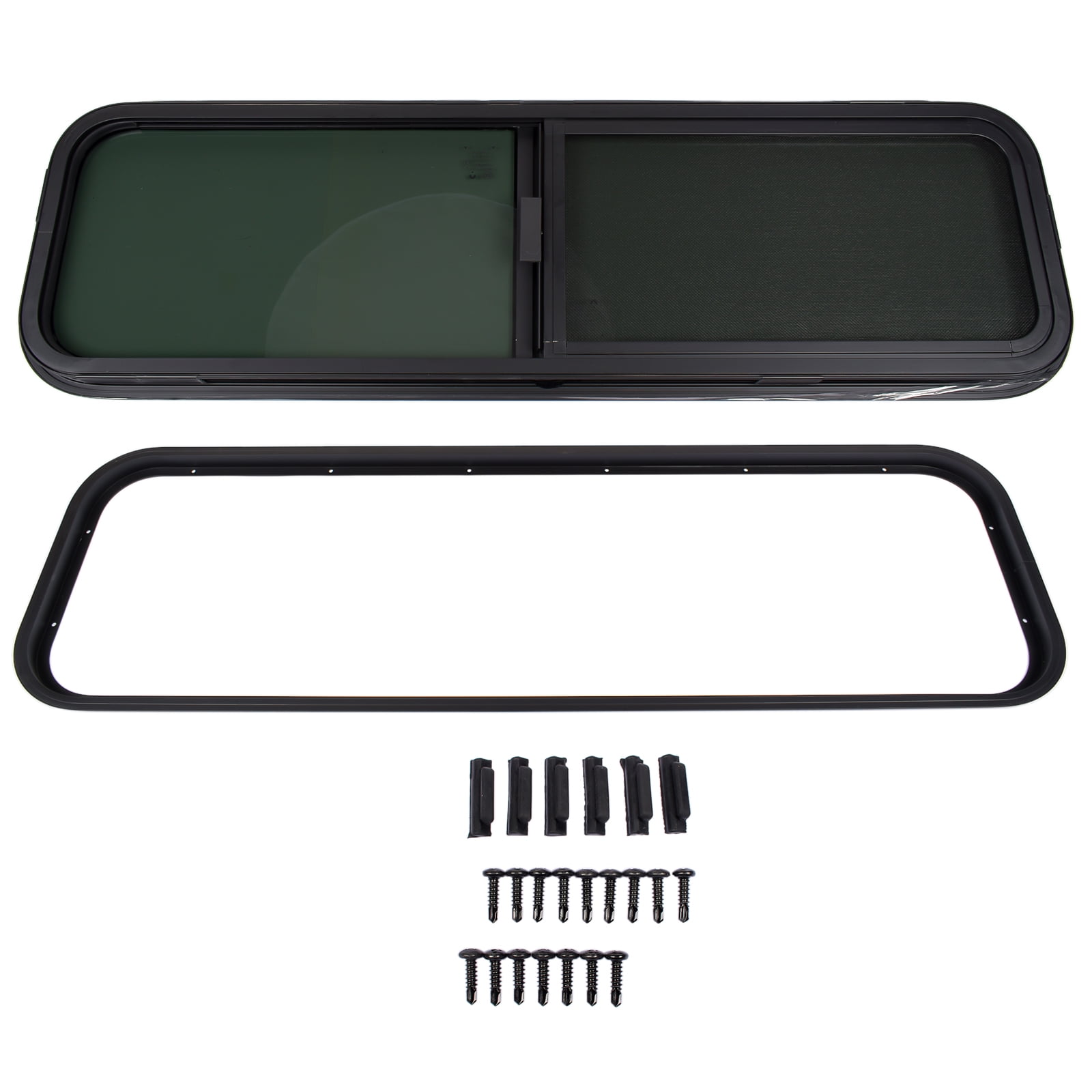 Mustrod RV Window Horizontal Sliding Black Glass 42"W 12"H Universal