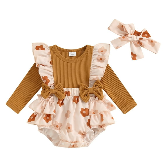 Musuos 2-Piece Baby Girls Cute Clothes Set 0-18M Bow Ruffled Trim Ribbed Long Sleeve Tiered Dress Romper + Headband Fall Outfits