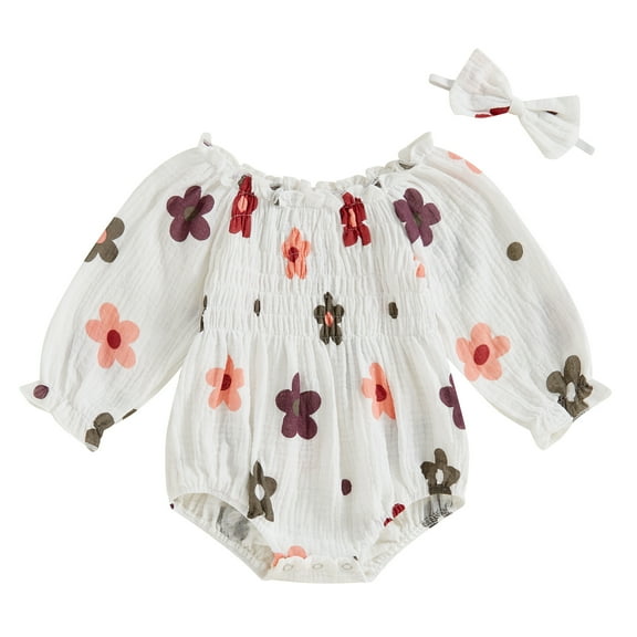 Musuos 2-Piece Baby Girls Sping Fall Set 0-18M Long Sleeve Floral Print Smocked Ruffled Romper Bow Headband Adorable Outfits