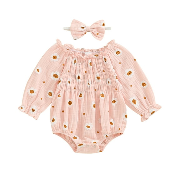 Musuos 2PCS Baby Girl Cute Fall Outfits, 3 6 12 18Months Flower Print Shirred Long Ruffle Sleeve Romper Bow Headband Set