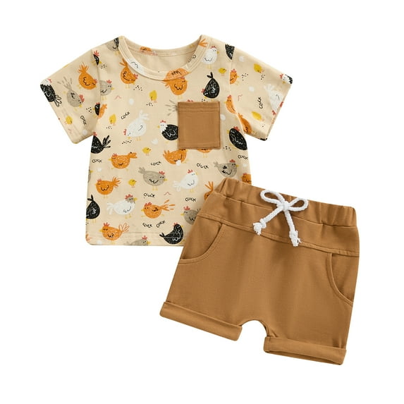 Musuos 2Pcs Baby Boy Summer Outfits 6 12 18 24M 3 4Y Short Sleeve Chicken/Animal Print Tops + Shorts Set Toddler Clothing