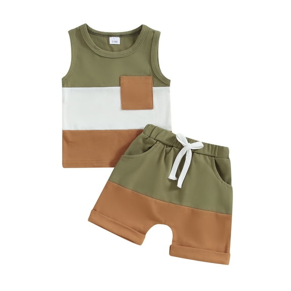 Musuos 2Pcs Baby Boy Summer Outfits 6 12 18 24M 3Y Sleeveless Contrast Color Pocket Tank Tops + Shorts Set Toddler Clothes