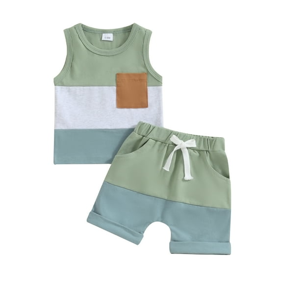 Musuos 2Pcs Baby Boy Summer Outfits 6 12 18 24M 3Y Sleeveless Contrast Color Pocket Tank Tops + Shorts Set Toddler Clothes