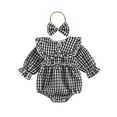thumbnail image 1 of Musuos 2Pcs Baby Girl Fall Outfit, 3M 6M 12M 18M Plaid Doll Collar Long Sleeve Ruffle Romper + Hairband Set for Infants, 1 of 10