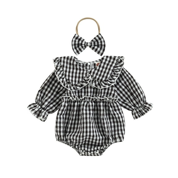 Musuos 2Pcs Baby Girl Fall Outfit, 3M 6M 12M 18M Plaid Doll Collar Long Sleeve Ruffle Romper + Hairband Set for Infants