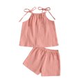 thumbnail image 1 of Musuos 2Pcs Baby Girl Summer Outfits 6 12 18 24M 3 4Y Solid Color Sleeveless Tie Strap Tank Tops + Shorts Set Casual Clothes for Toddler, 1 of 9