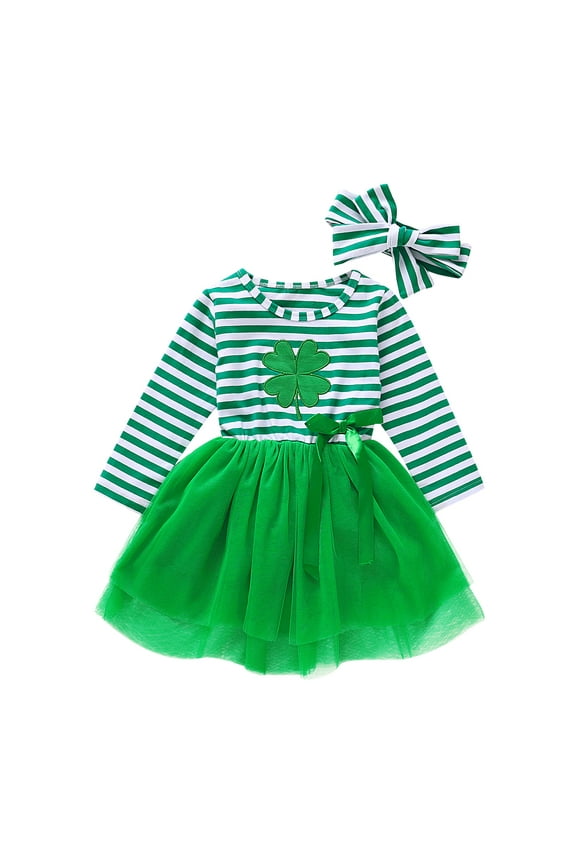 2Pcs Baby St. Patrick's Day Outfits, 1-6T Stripes Lucky Clover Print Long Sleeves Tutu Dress + Hairband for Little Girls