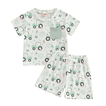 Musuos 2Pcs Toddler Boy Summer Outfits 6 12 18 24M 3Y Short Sleeve Farm Print T-shirts   Drawstring Shorts Set Toddler Clothing
