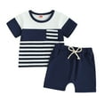 thumbnail image 1 of Musuos 2Pcs Toddler Boy Summer Outfits 6 12 18 24M 3Y Short Sleeve Striped Print T-shirts + Drawstring Shorts Set Casual Clothing for Infant, 1 of 10