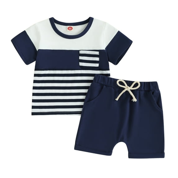 Musuos 2Pcs Toddler Boy Summer Outfits 6 12 18 24M 3Y Short Sleeve Striped Print T-shirts + Drawstring Shorts Set Casual Clothing for Infant