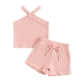 thumbnail image 1 of Musuos 2Pcs Toddler Girl Summer Outfits 6 12 18 24M 3 4Y Sleeveless Cross Halter Tank Tops + Solid Color Shorts Set Casual Clothes, 1 of 10