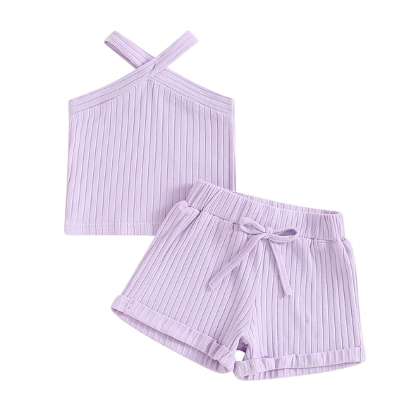 Musuos 2Pcs Toddler Girl Summer Outfits 6 12 18 24M 3 4Y Sleeveless Cross Halter Tank Tops + Solid Color Shorts Set Casual Clothes
