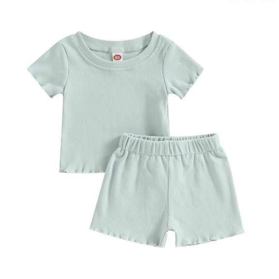 Musuos 2Pcs Toddlers Boys Girls Summer Suit, 18 24M 3 4 5T Solid Color Ribbed O-Neck Short Sleeves Tops   Elastic Waist Shorts Outfits