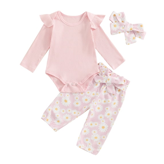 Musuos 3-Piece Baby Girls Fall Basic Set 3M 6M 12M 18M Long Sleeve Round Neck Ruffled Ribbed Romper Daisy Print Long Trousers Hair Band Outfits