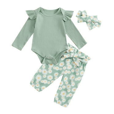 Musuos 3-Piece Baby Girls Fall Basic Set 3M 6M 12M 18M Long Sleeve Round Neck Ruffled Ribbed Romper Daisy Print Long Trousers Hair Band Outfits
