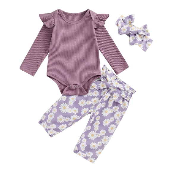 Musuos 3-Piece Baby Girls Fall Basic Set 3M 6M 12M 18M Long Sleeve Round Neck Ruffled Ribbed Romper Daisy Print Long Trousers Hair Band Outfits
