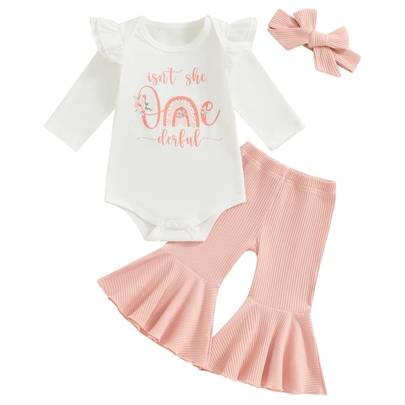 Musuos 3-Piece Baby Girls Fall Clothes Set 6M 12M 18M Flower Letter Print Ruffles Long Sleeve Romper Ribbed Trousers Hair Band Outfits