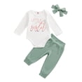 thumbnail image 1 of Musuos 3-Piece Baby Girls Set 3M 6M 12M 18M Letter Print Long Sleeve Round Neck Romper Striped Trousers Hair Band Outfits, 1 of 9