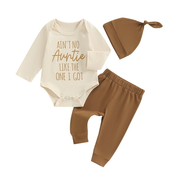 Musuos 3-Piece Baby Pant Set 0-18M Letter Print Long Sleeve Round Neck Romper Solid Color Long Trousers Hat Outfits