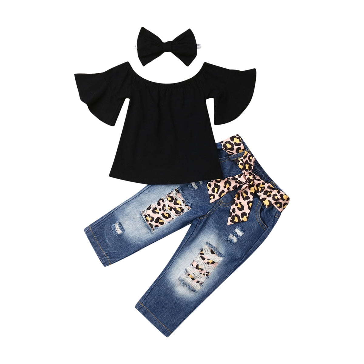 3-piece Toddler Girl Off Shoulder Ruffle-sleeve Black Top, Leopard Flared Pants and Headband Set
