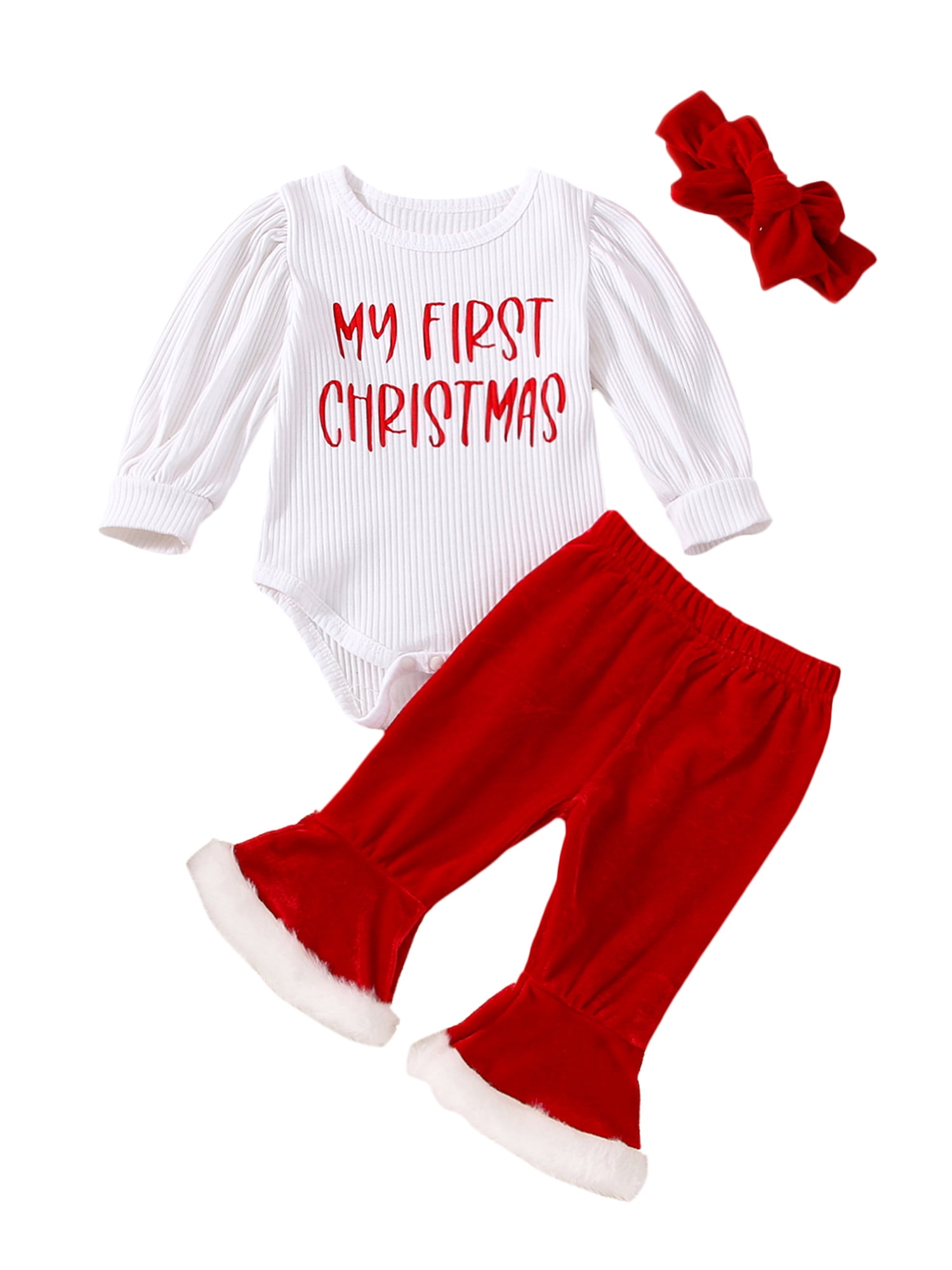 Musuos 3Pcs Baby Girl Christmas Outfits, Long Sleeve Romper + Velvet