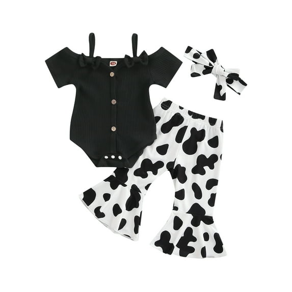 Musuos 3Pcs Baby Girls Romper Outfit, 6 12 18 24M Bow Short Sleeve Suspender Jumpsuit + Irregular Spot Bell-bottomed Pants + Headwear