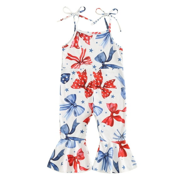 Musuos 4th for July Kid Girl Summer Romper 1-5 Years Bow Print Tie Straps Sleeveless Flared Pants Jumpsuit for Independence Day