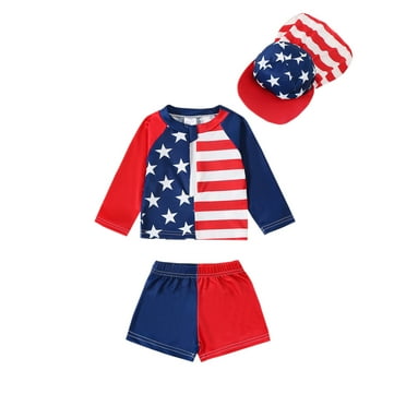 Musuos 4th for July Little Boys Three Piece Swimsuits 0-5 Years Long Sleeve Stars Stripe Print Tops Shorts Swimwear Sets with Sun Hat