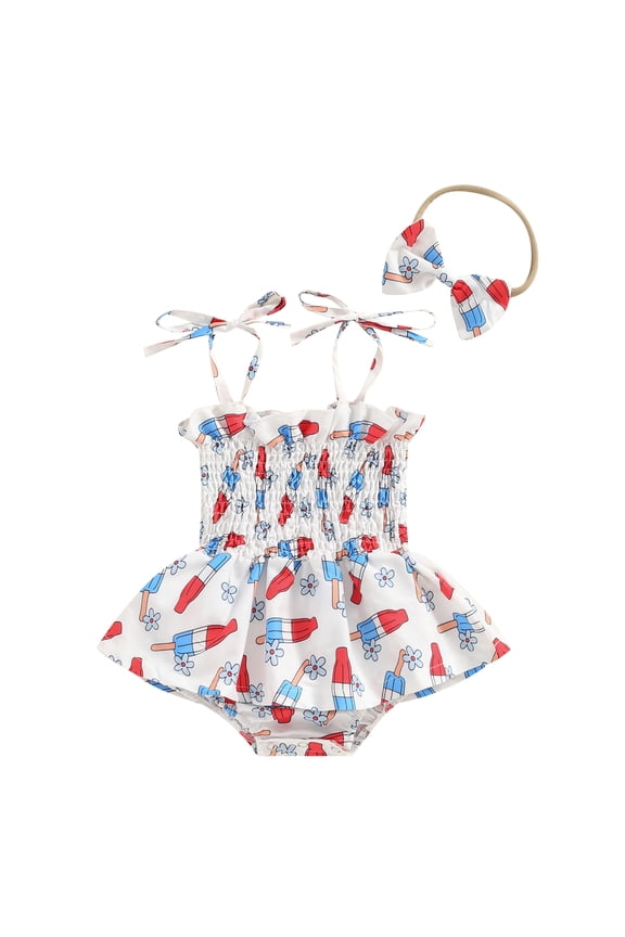 4th of July Baby Girl Summer Jumpsuit 6M 12M18M 24M Sleeveless IceFloral Print Patriotic Romper Dress and Headband Set