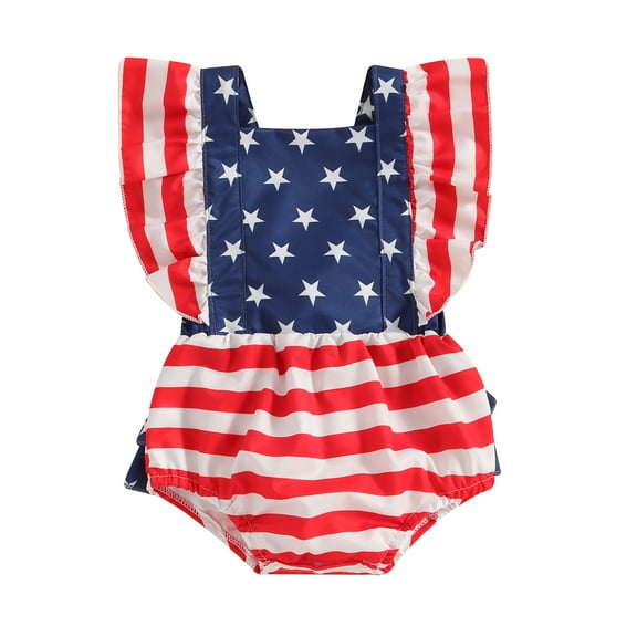 Musuos 4th of July Baby Girls Rompers 3 6 9 12 18Months Stripe Stars Print Ruffles Fly Sleeve Infant Bodysuits Summer Jumpsuits