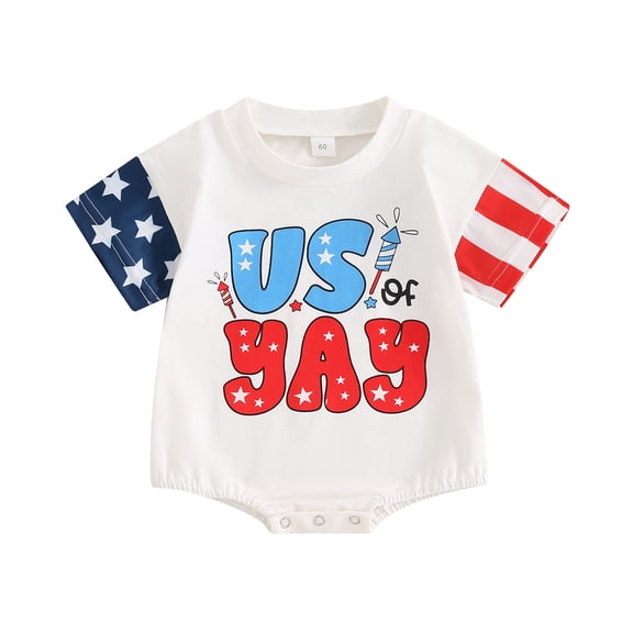 Musuos 4th of July Baby Rompers 3M 6M 12M 18M Letter Print Crew Neck Star Stripe Short Sleeve Bodysuits Summer Jumpsuits for Infant Girls Boys