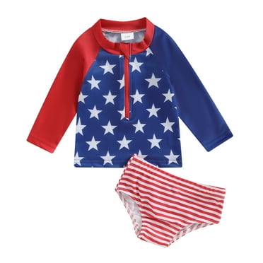 Musuos 4th of July Girls' Rash Guard SwimSuit Set, 6 12 18 24M 3 4Y Quick Dry Stars Print Long Sleeve Tops Stripe Bottoms Bathing Suit