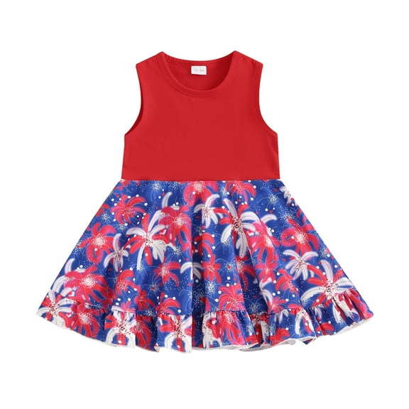 Musuos 4th of July Kid Girls Summer Dress 1-5 Years Casual Firework Print Sleeveless A-Line Dress Independence Day Clothes