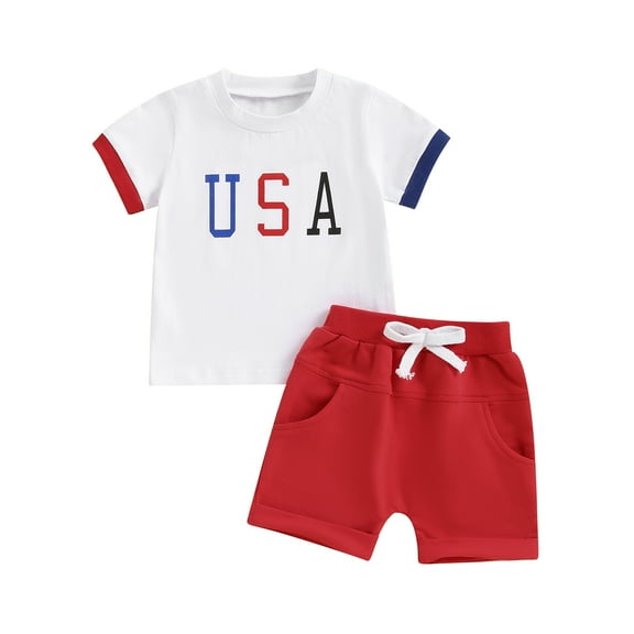 Musuos 4th of July Toddler Boy Summer Outfits, 6 12 18 24M 3Y Round Neck Short Sleeve Letter Print Tops + Elastic Waist Shorts Set