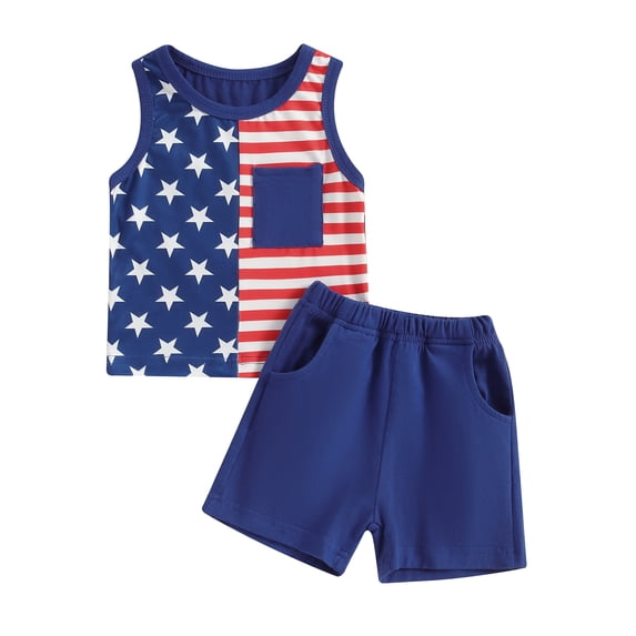 Musuos 4th of July Toddler Boys Outfits 3 6 12 18 24M 3Y Stripe Stars Print Sleeveless Tank Tops and Elastic Waist Shorts Summer Clothes Set