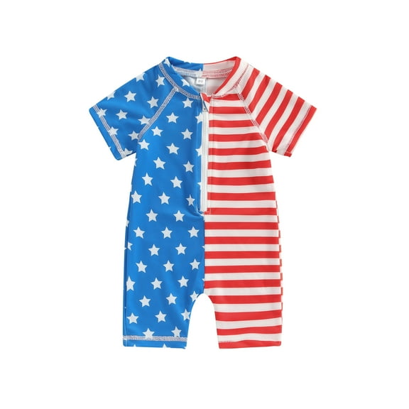 Musuos 4th of July Toddler Boys Rash Guard Swimsuit 6 12 18 24M 3Y Short Sleeve Stripe Star Print Zipper Bathing Suit Kids Swimwear