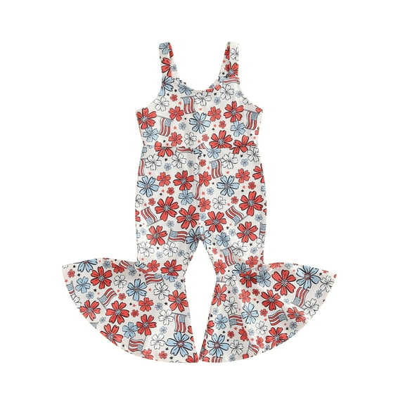Musuos 4th of July Toddler Girls Jumpsuit Flower Flag Print Sleeveless Bell Bottom Overalls Kids Summer Flared Romper