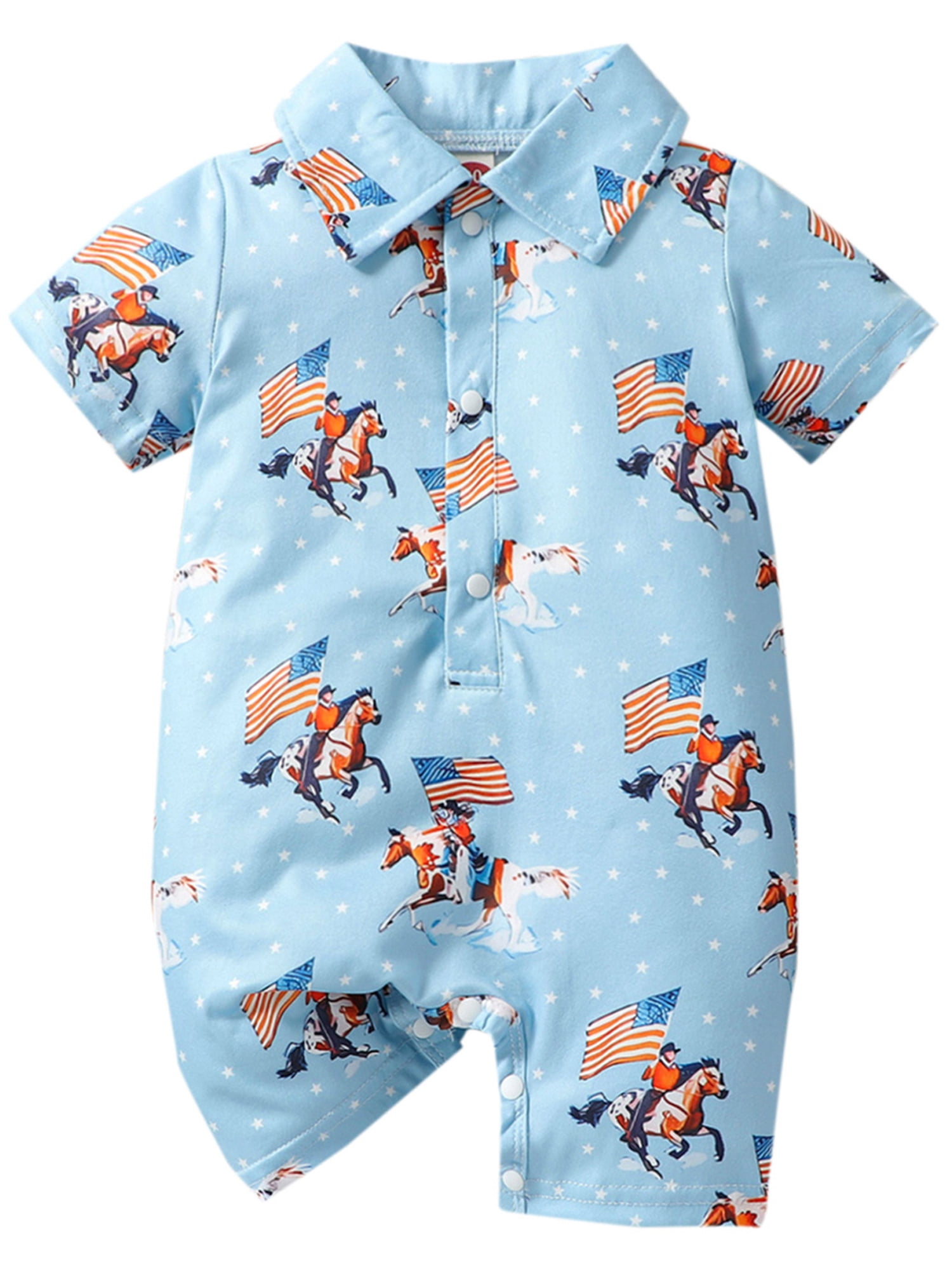 Musuos 4th of July Western Baby Boy Cow Print Polo Romper Shorts