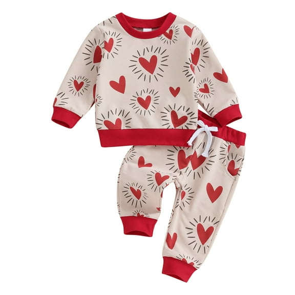 Musuos Baby 2Pcs Valentine’s Day Outfits 6 12 18 24M 3T Long Sleeve Heart Sweatshirt   Trousers Set Infant Clothes