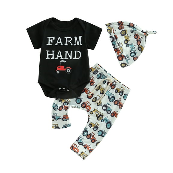 Musuos Baby 3Pcs Summer Outfits, 3 6 12 18M Short Sleeve Letter Print Romper + Tractor/Chicken Pants + Knot Hat Set