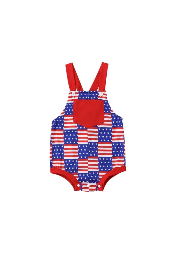 Baby 4th of July Overalls 6 12 18 24M 3 4Y Sleeveless Stars and Stripes Print Rompers Toddler Summer Outfit for Boys Girls